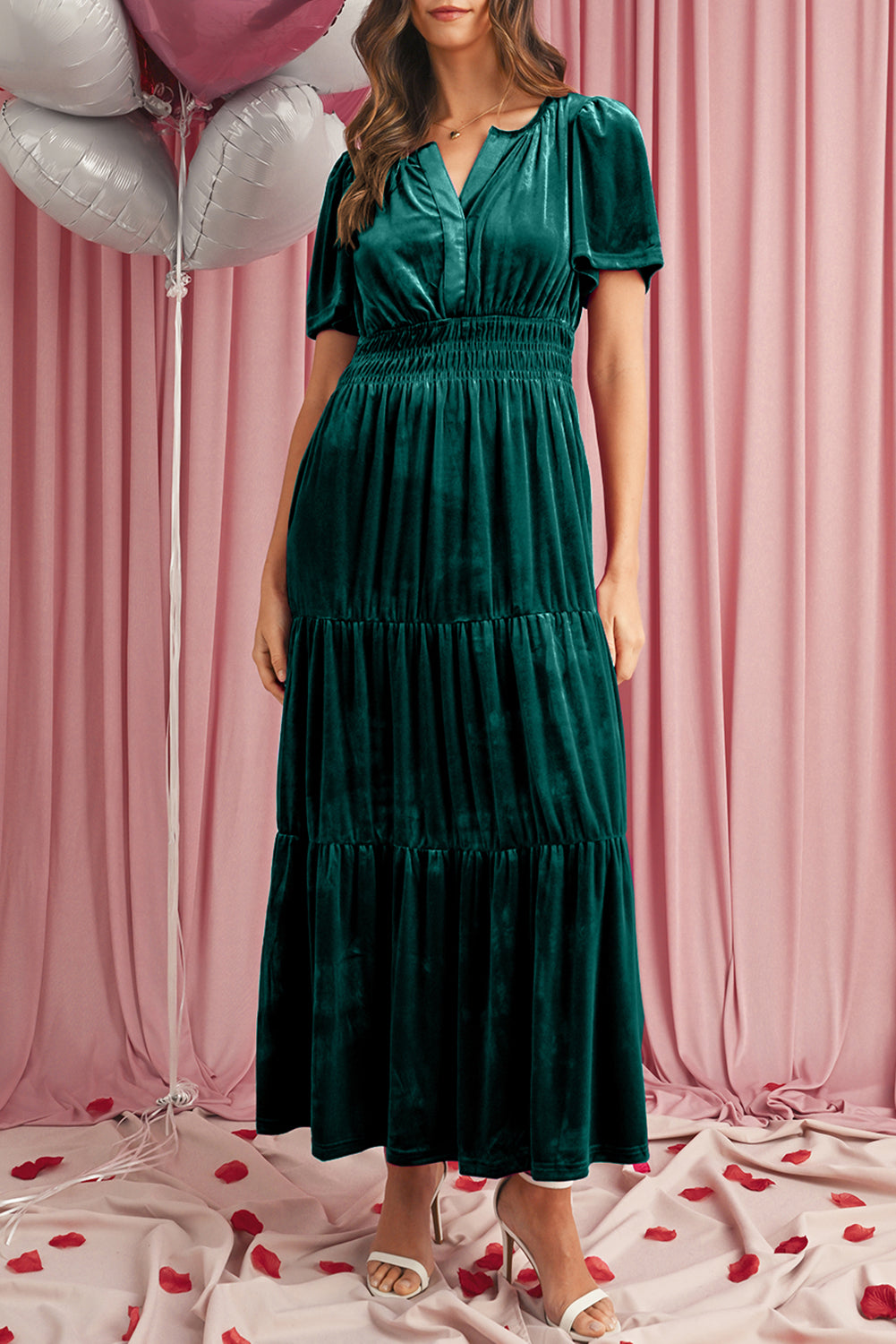 Evergreen Velvet Puff Sleeve Tiered Maxi Dress