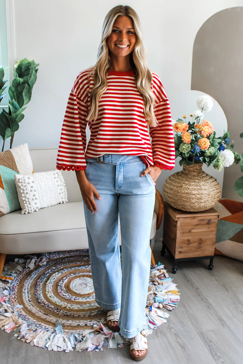 Red Striped Bell Sleeve Top