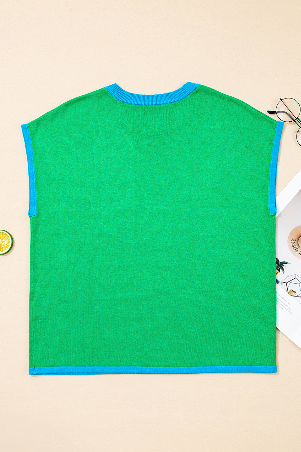 Green Contrast Trim Round Neck Short Sleeve Loose Knit Top