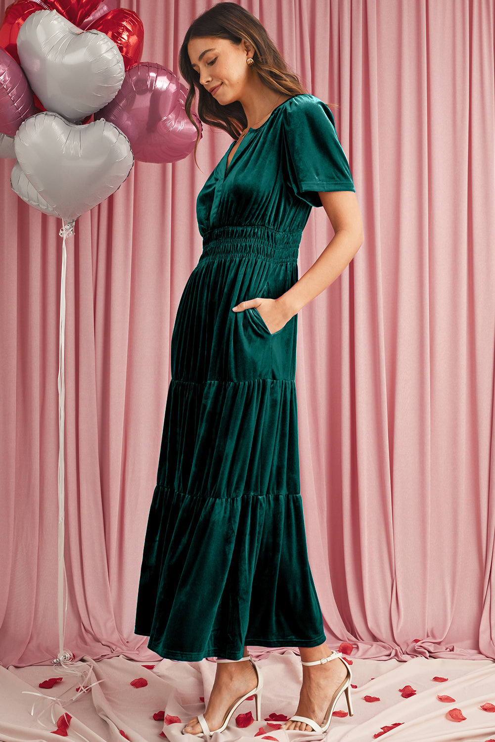 Evergreen Velvet Puff Sleeve Tiered Maxi Dress