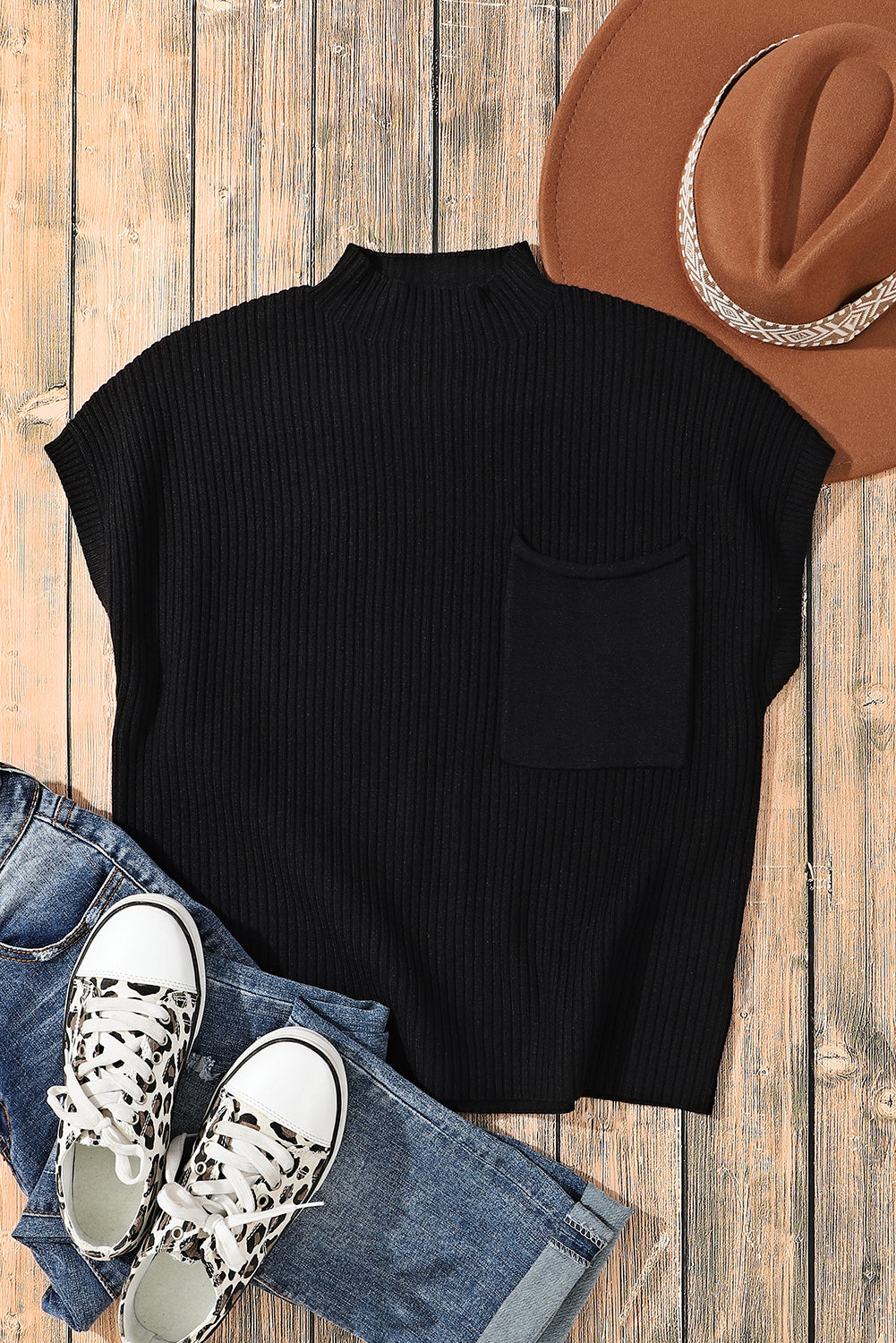 Black Pocket Ribbed Sweater