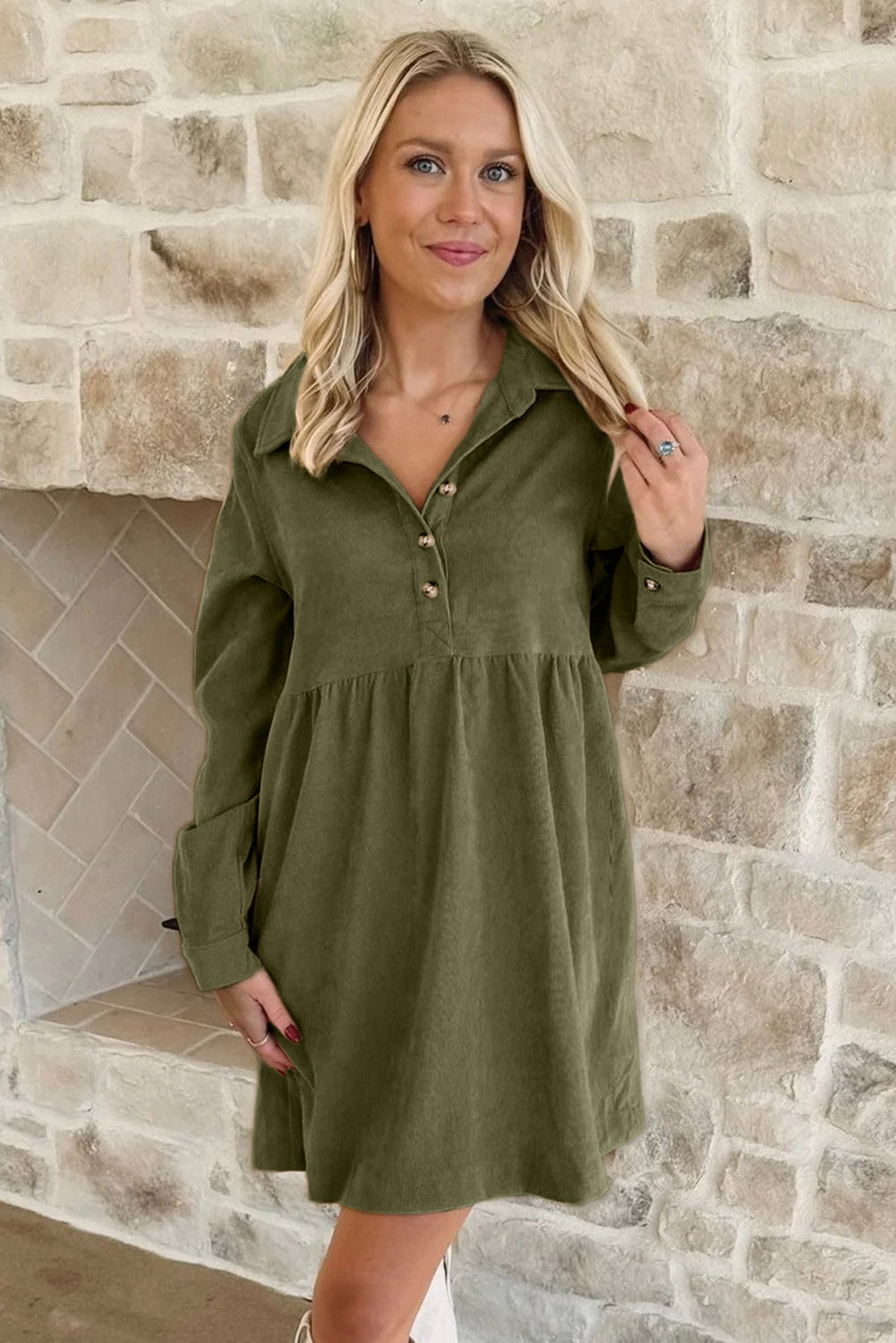Green Corduroy Collared Mini Dress