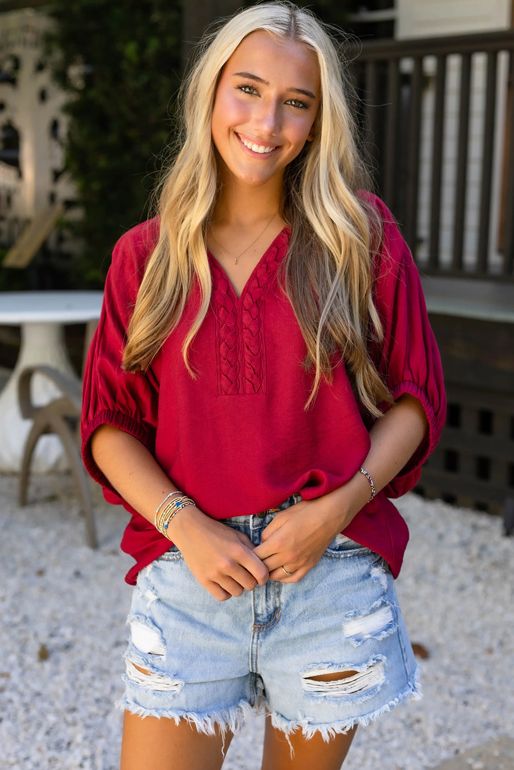 Racing Red Braided Trim V Neck Half Sleeve Blouse