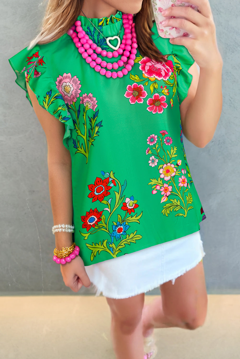 Green Floral Frill Blouse