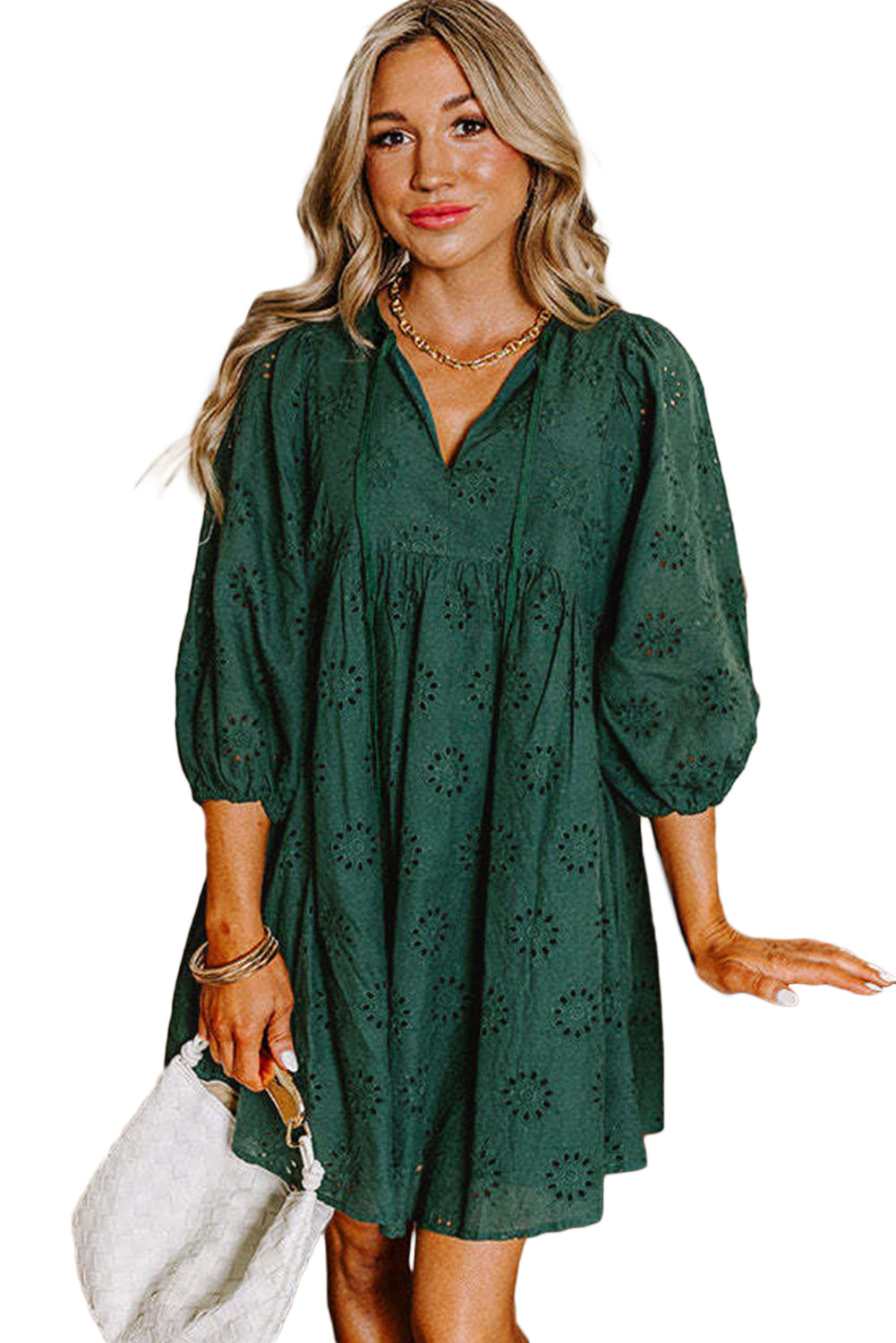 Green Eyelet Pattern Mini Dress