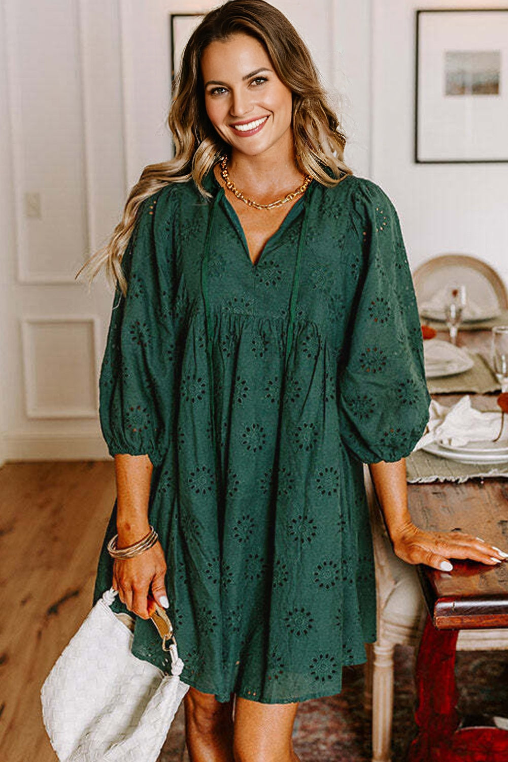 Green Eyelet Pattern Mini Dress