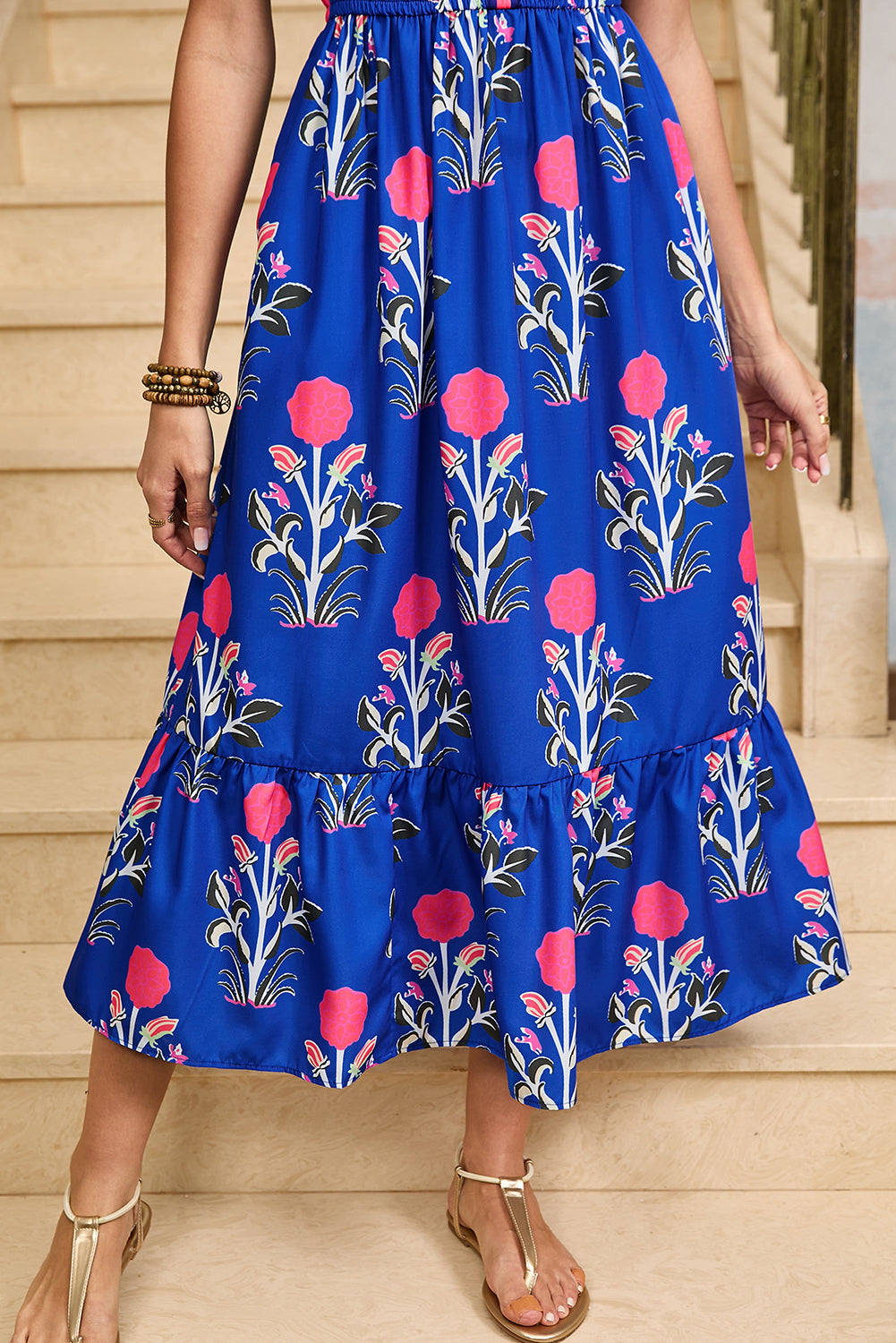 Blue Floral Ruffle Hem Dress