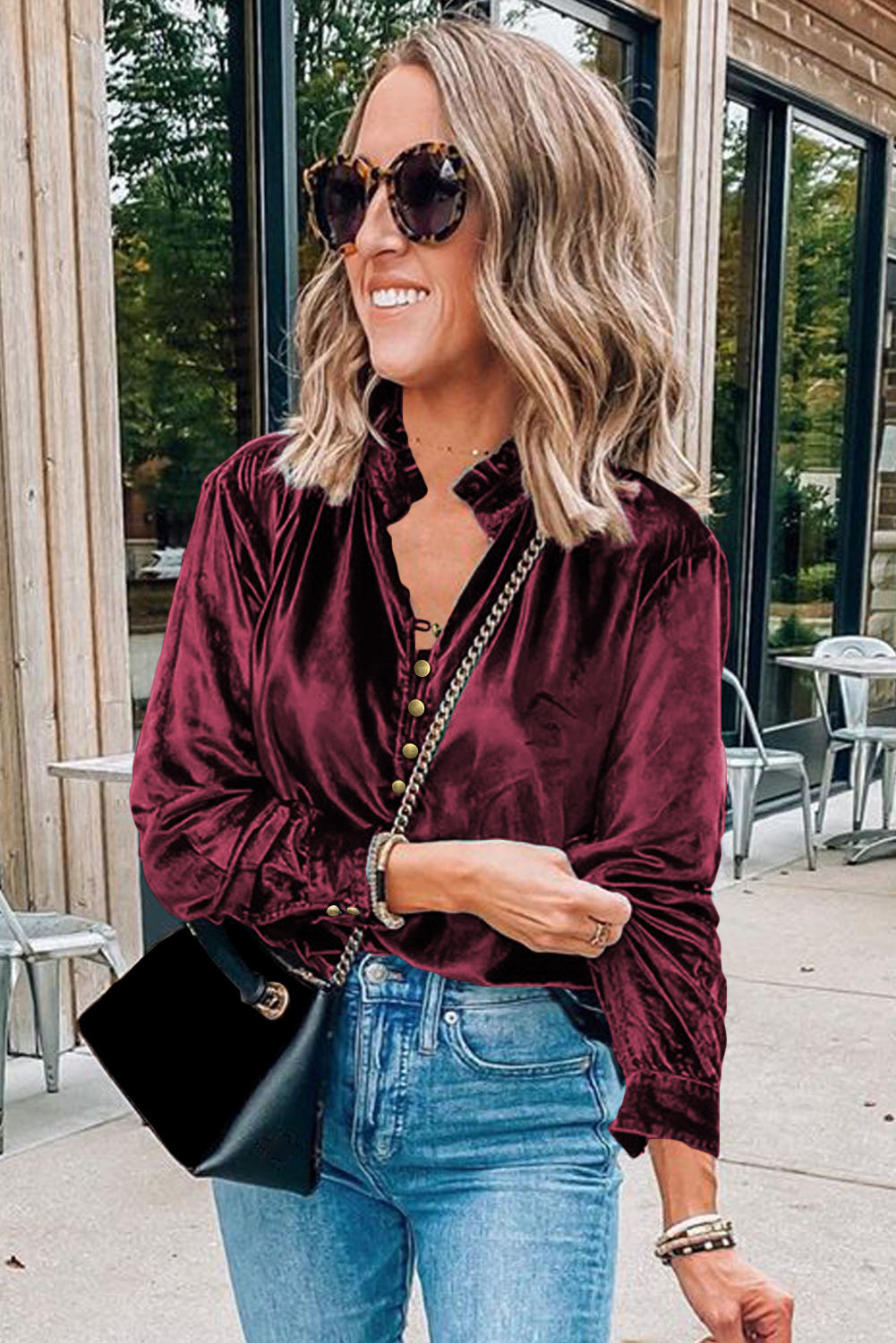Red Frilled Buttoned Velvet Blouse