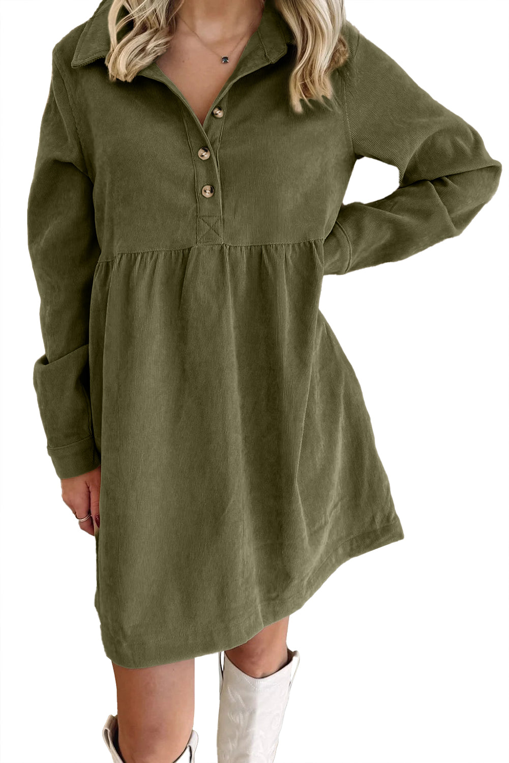 Green Corduroy Collared Mini Dress