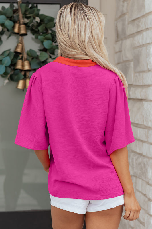 Rose Red Contrast V Neck Colorblock Wide Short Sleeve Top