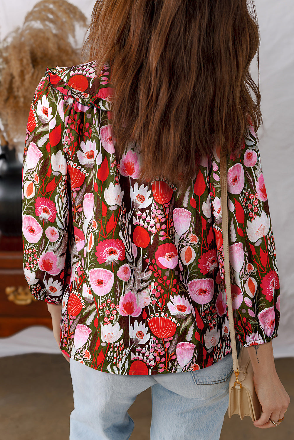 Red Floral 3/4 Sleeve Lace-up Blouse