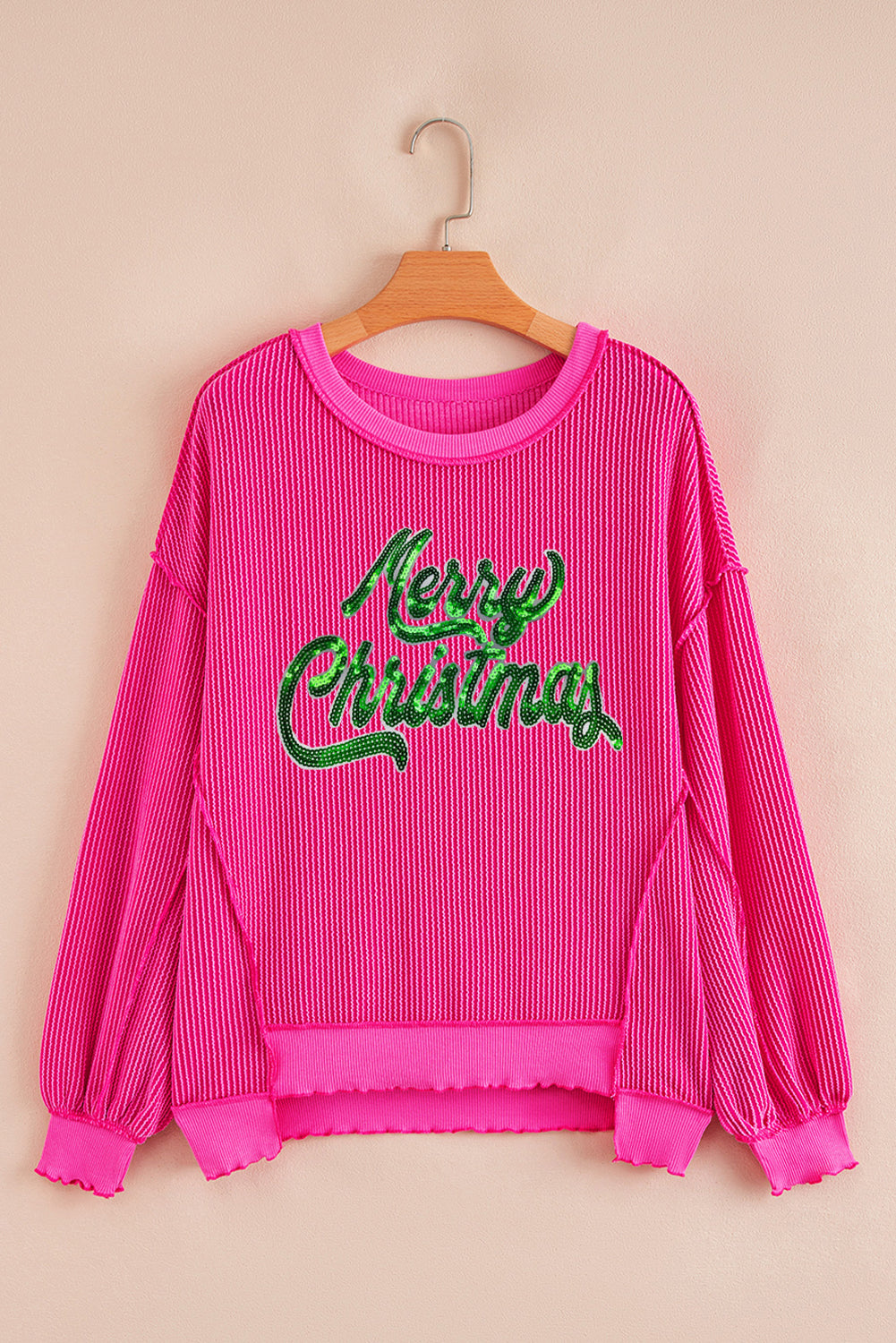 Pink Ribbed Merry Christmas Sequins Top