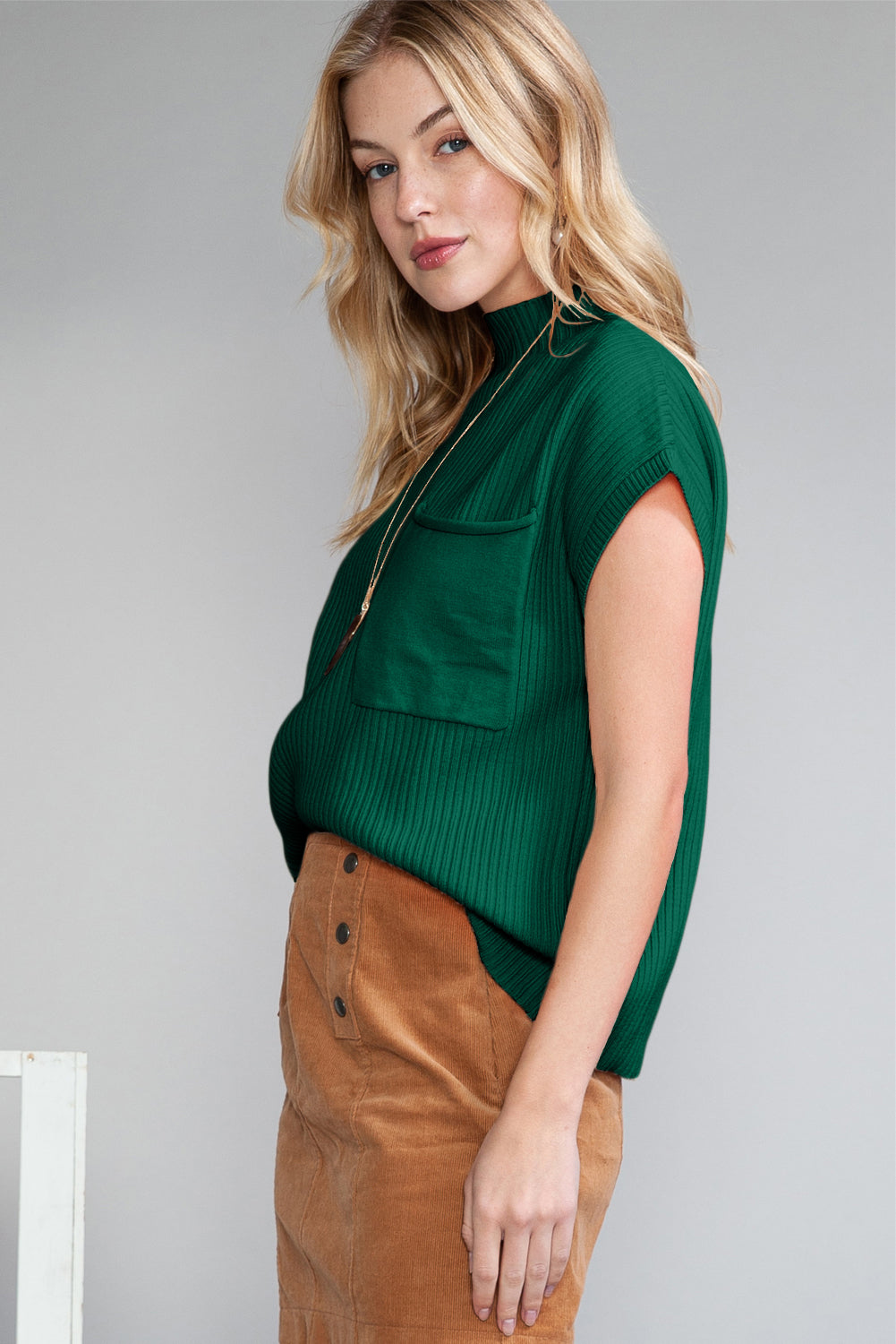 Green Pocket Ribbed Sweater