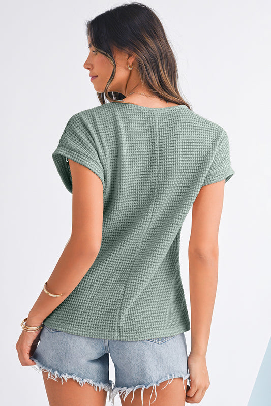 Mist Green Hollow Patchwork Waffle Knit Top
