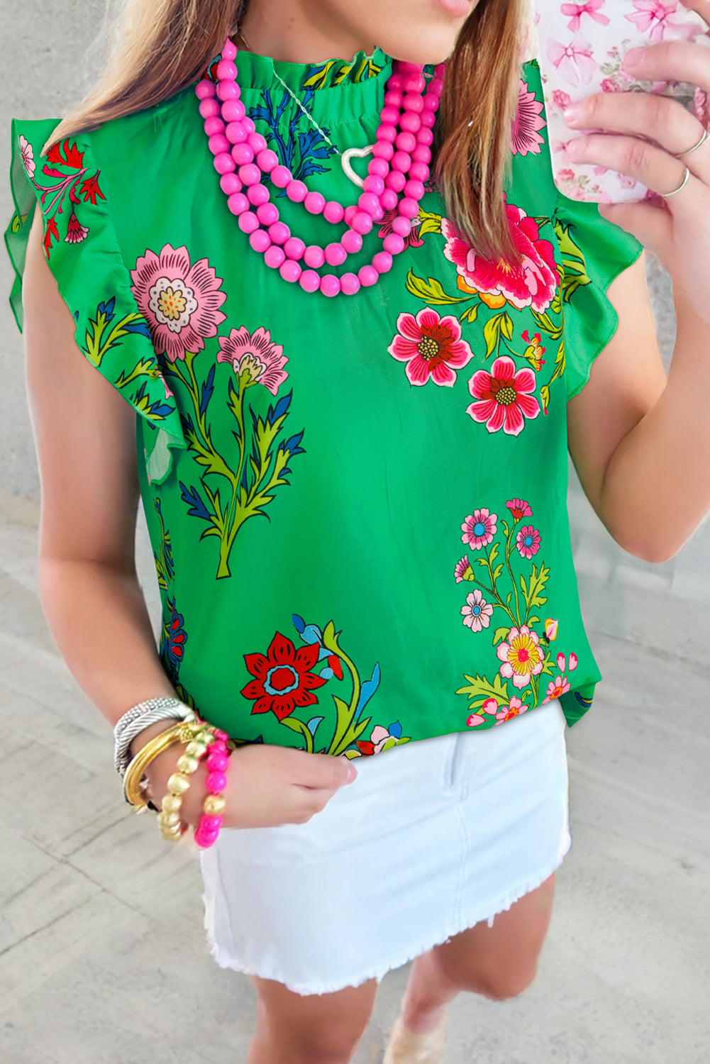 Green Floral Frill Blouse