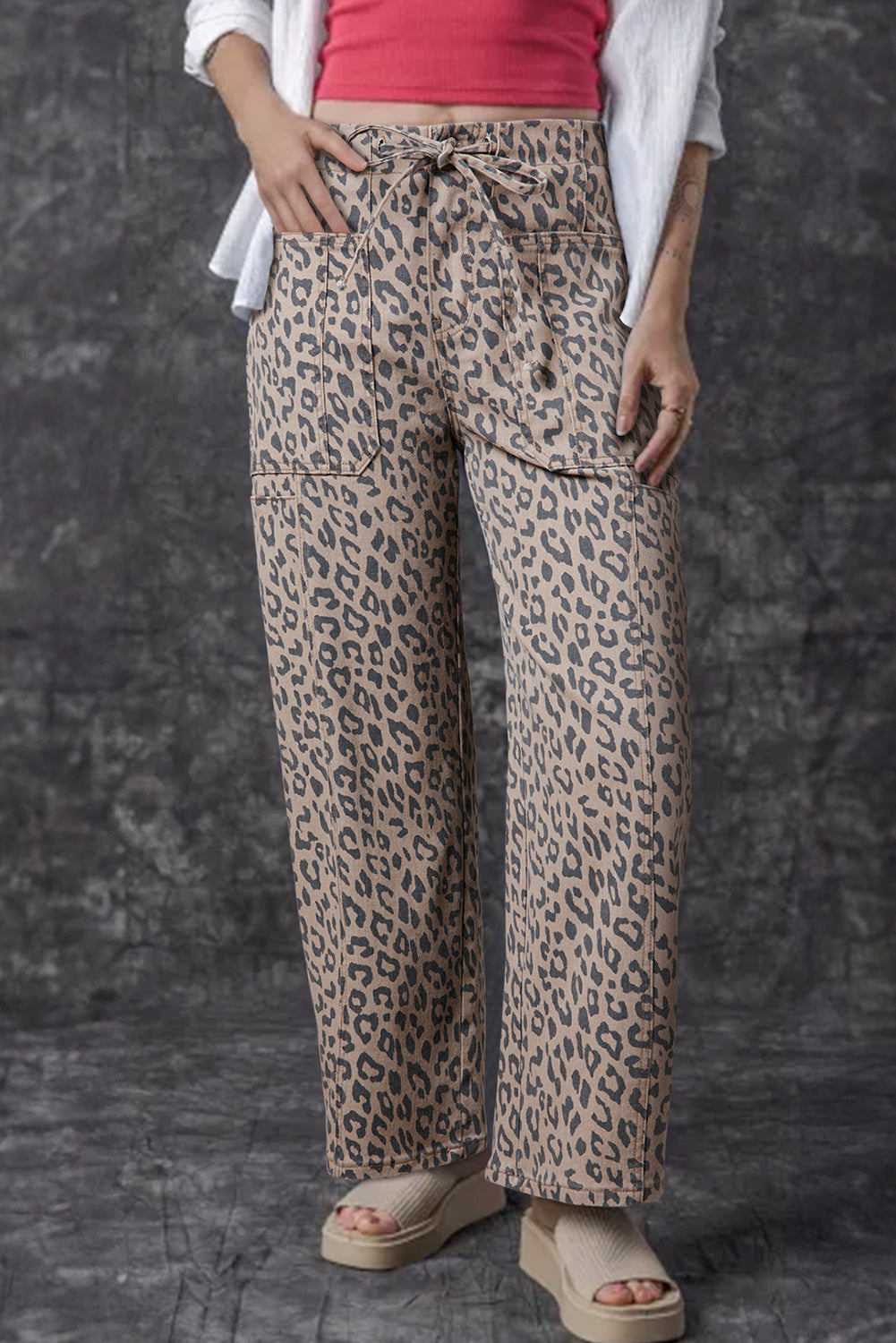 Khaki Leopard Printed Drawstring Elastic Waistband Pocketed Barrel Jeans