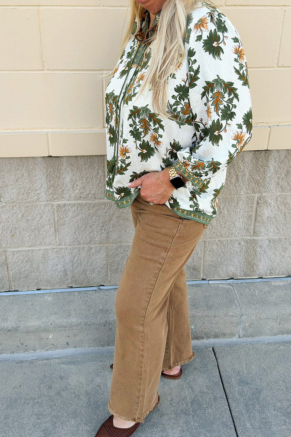 Green Plus Size Floral Print Tassel Tie 3/4 Sleeve Blouse