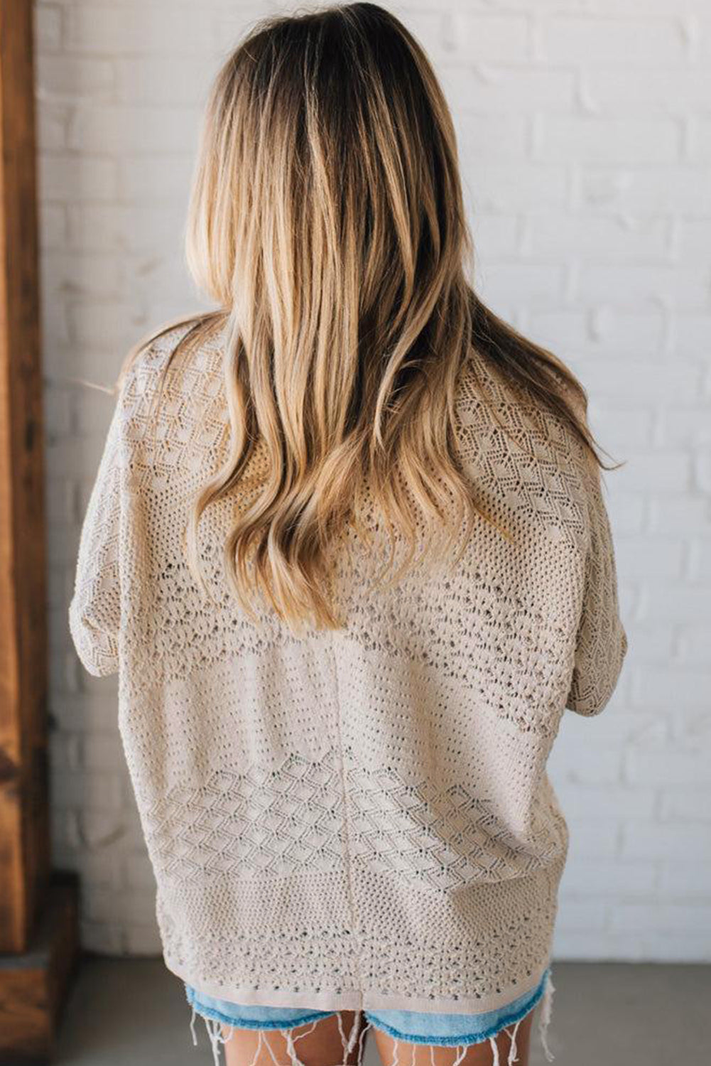 Beige Hollow Knit Cardigan