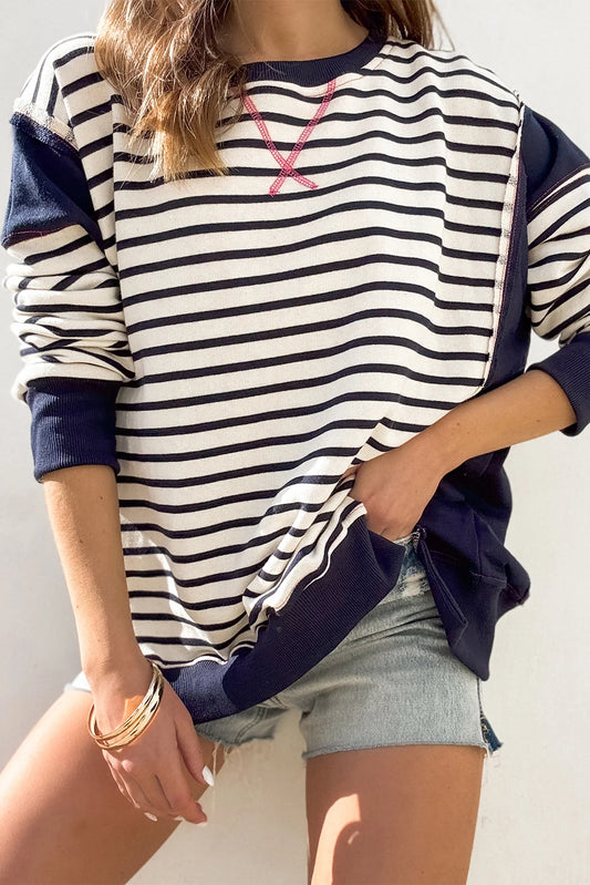 Striped Exposed Seam Loose Sweatshirt