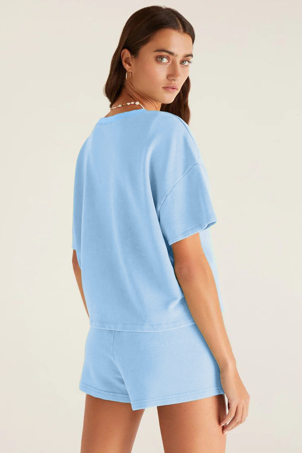 Myosotis V Neck Drop Shoulder Tee and Patchwork Shorts Set
