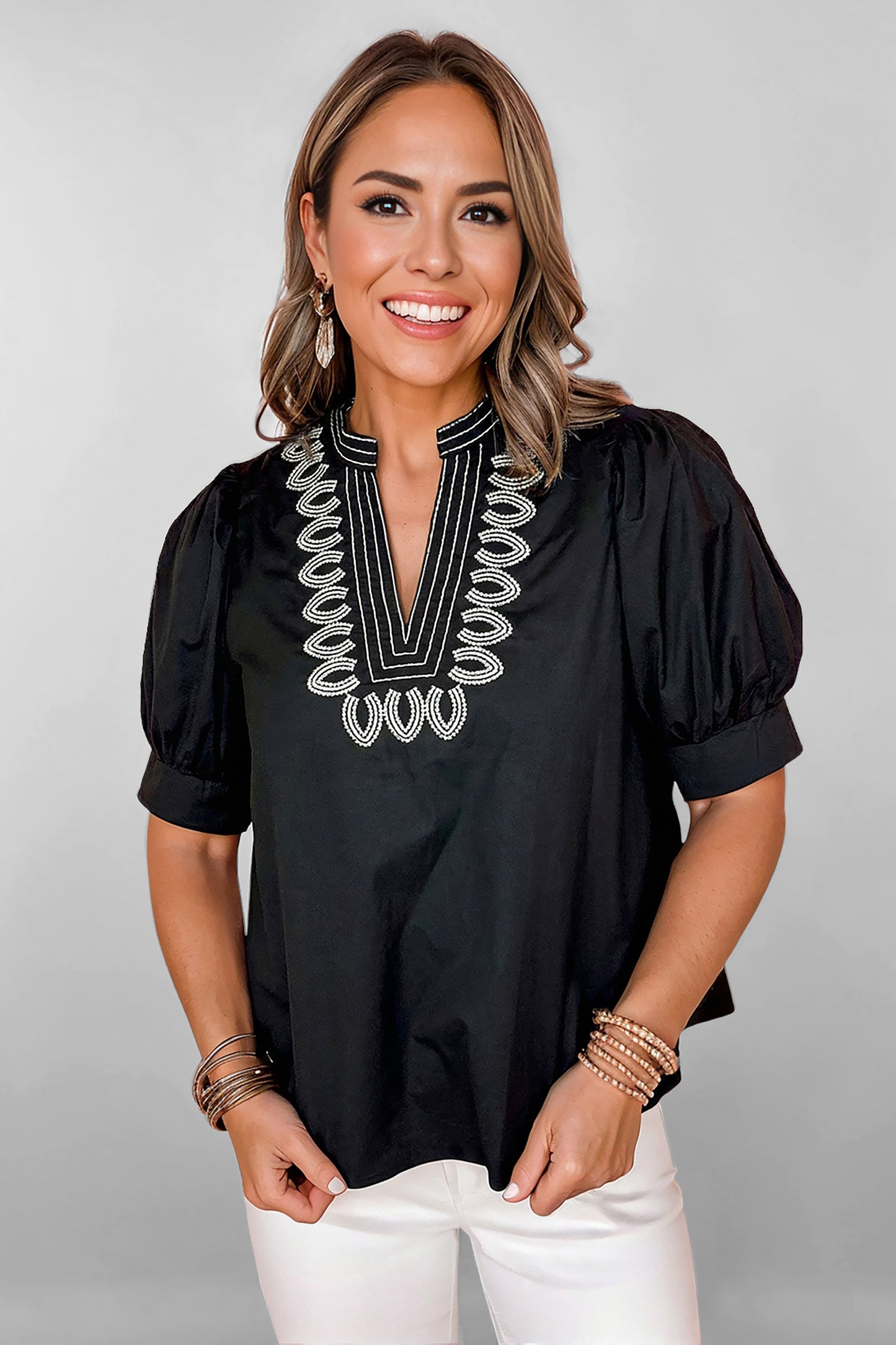 Black Short Puff Sleeve Detail V Neck Blouse