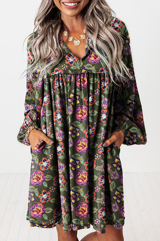 Green Floral Print Sleeve Mini Dress