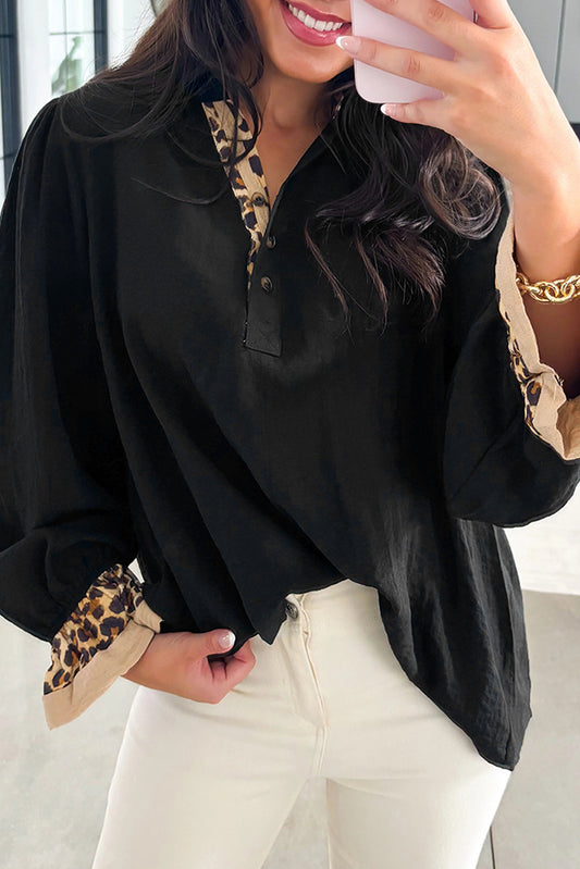 Black Leopard Trim Blouse