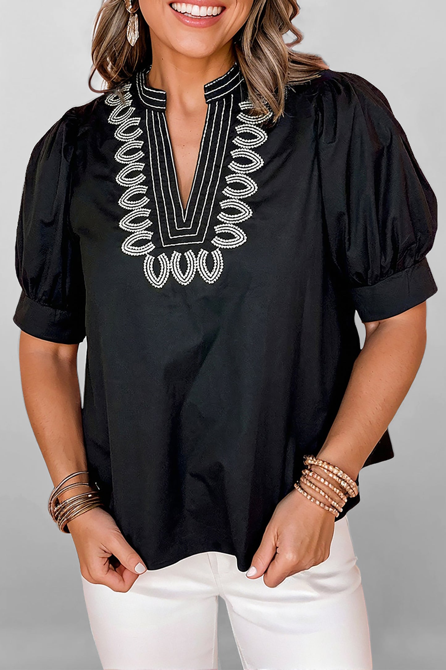 Black Short Puff Sleeve Detail V Neck Blouse