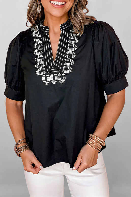 Black Short Puff Sleeve Detail V Neck Blouse