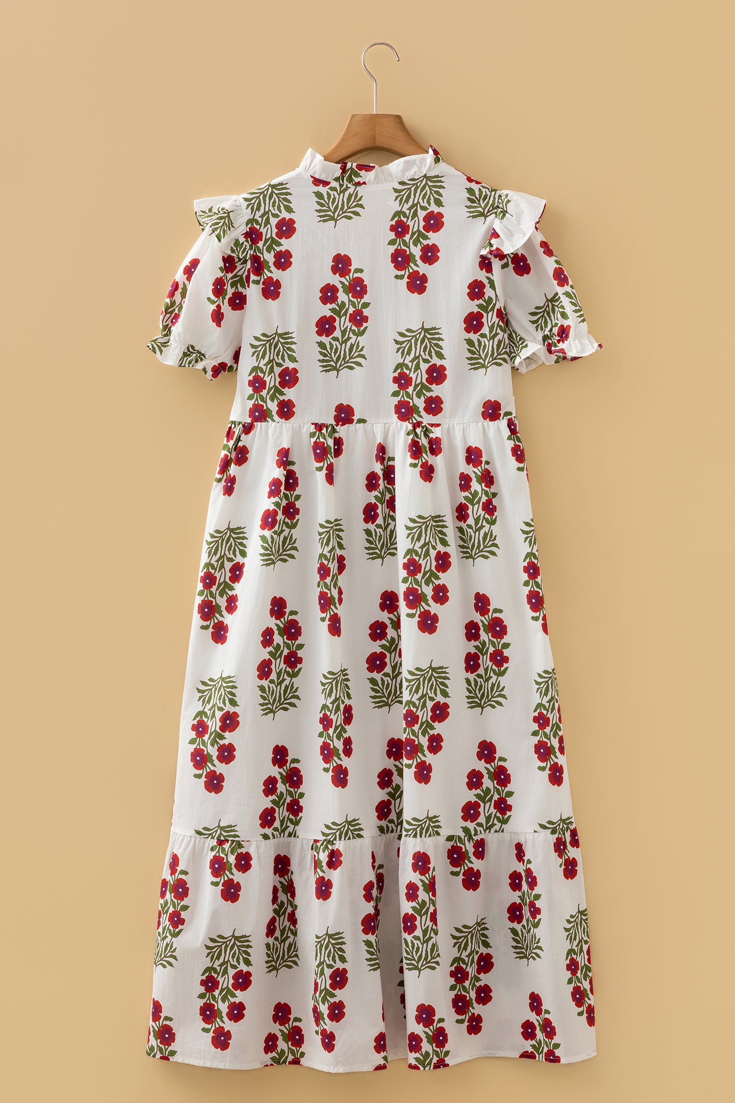 Beige Floral Bubble Sleeve Maxi Dress