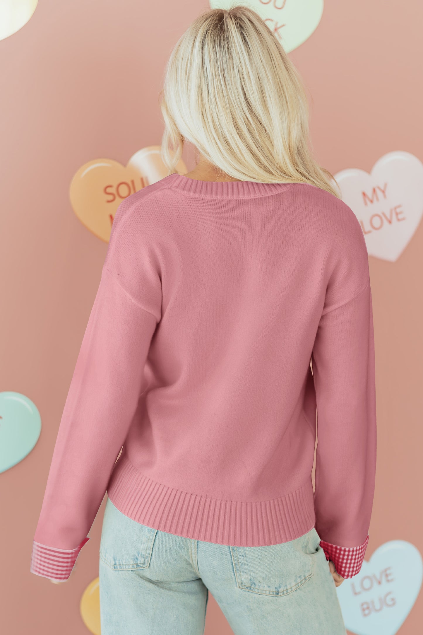 Pink Plaid Heart Embroidered Sweater