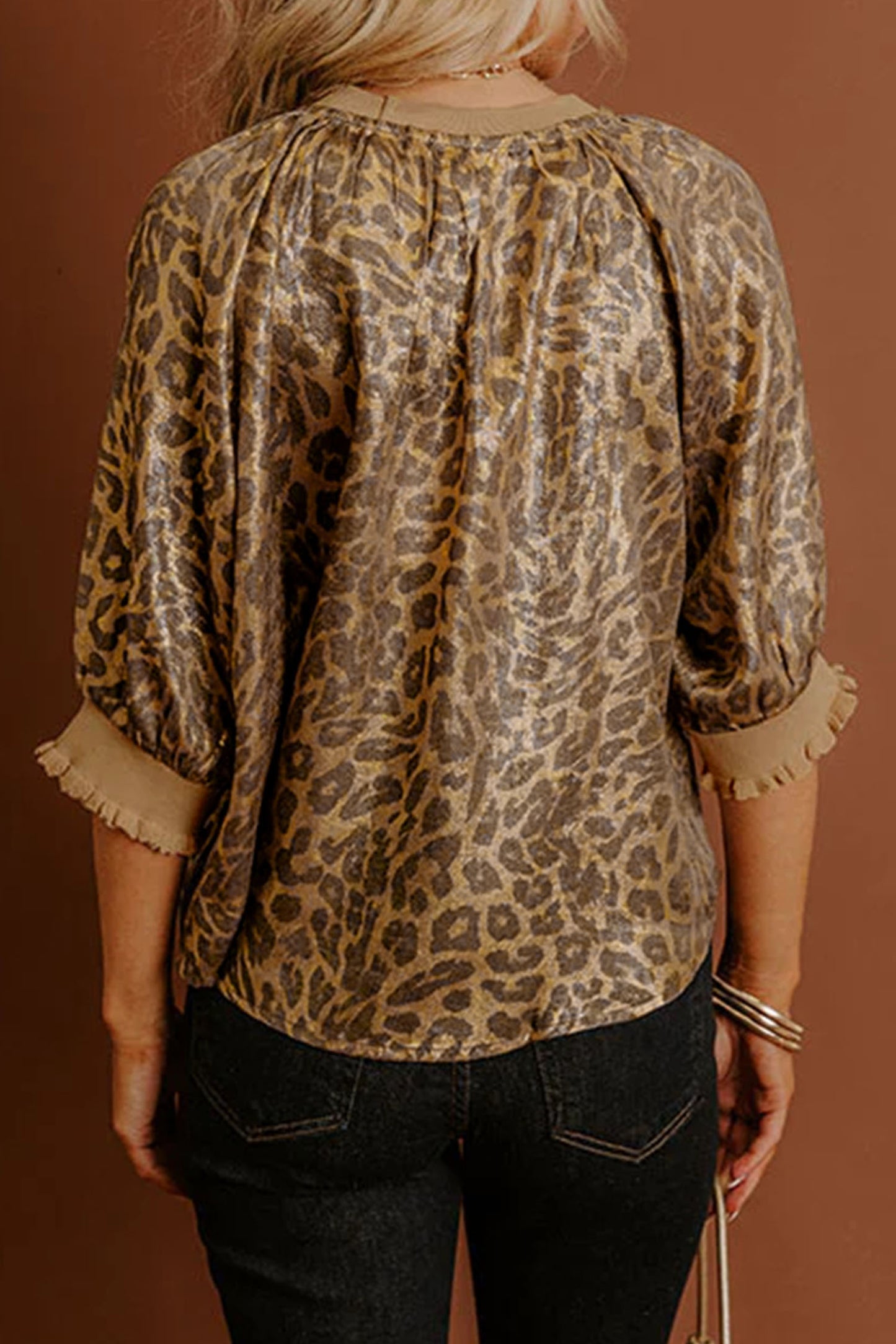 Gold  Half Sleeve Metallic Leopard Print Blouse