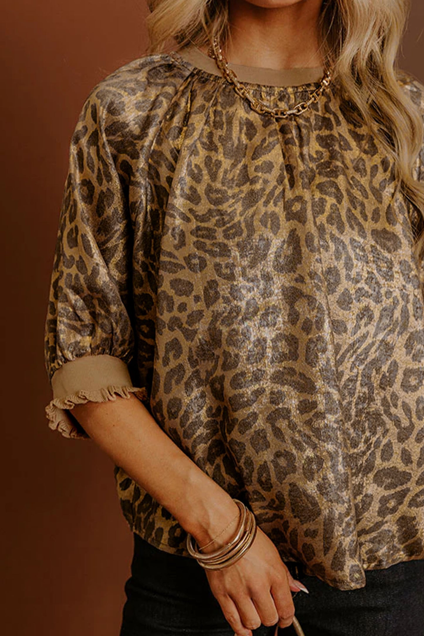 Gold  Half Sleeve Metallic Leopard Print Blouse