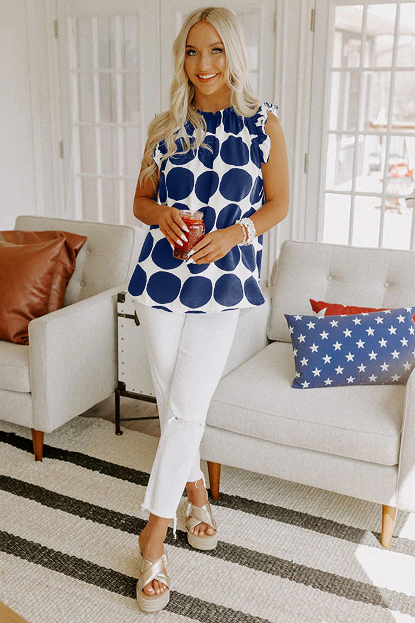 Blue Polka Dot Print Frilled Round Neck Shift Tank Top