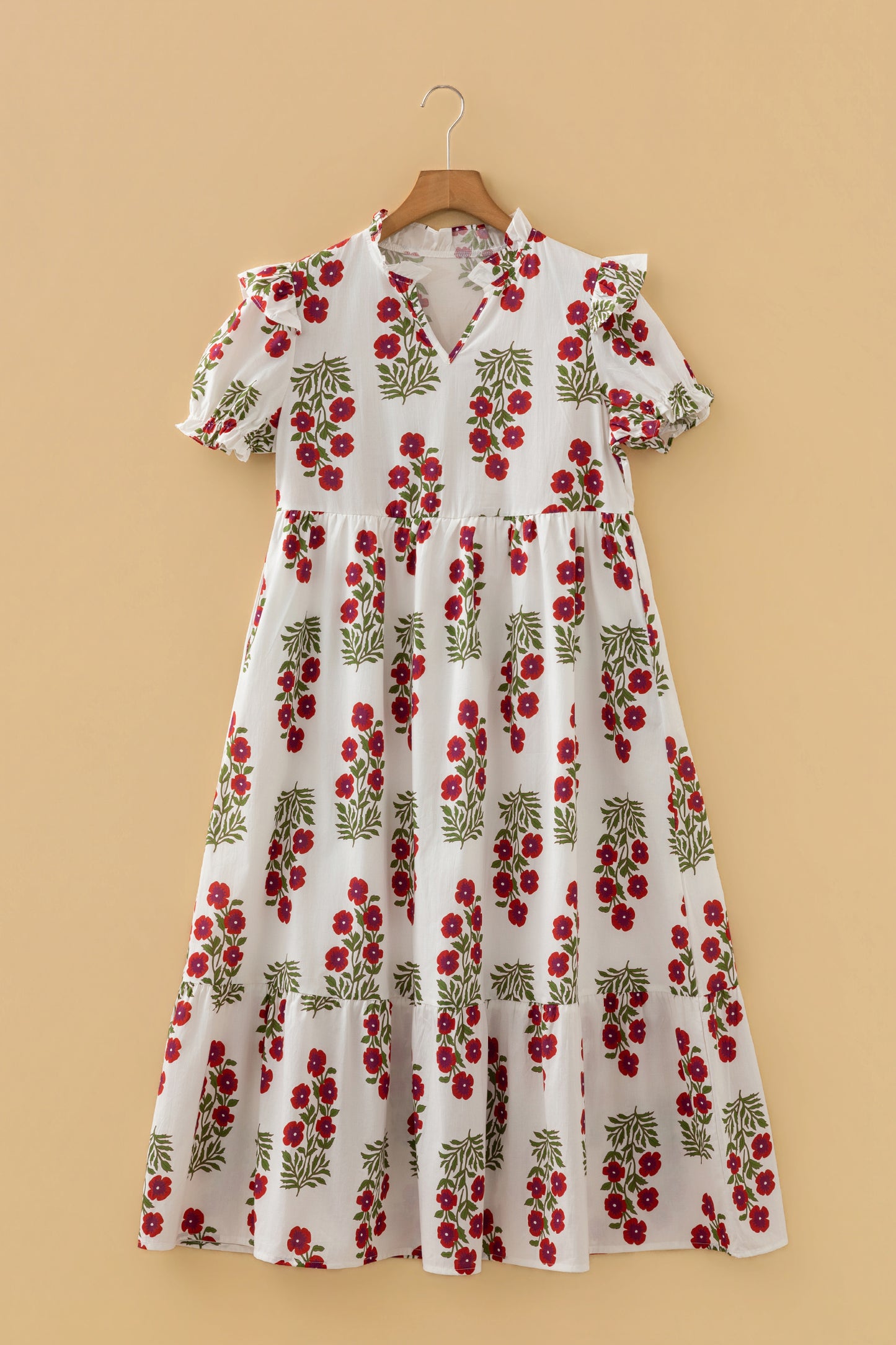 Beige Floral Bubble Sleeve Maxi Dress