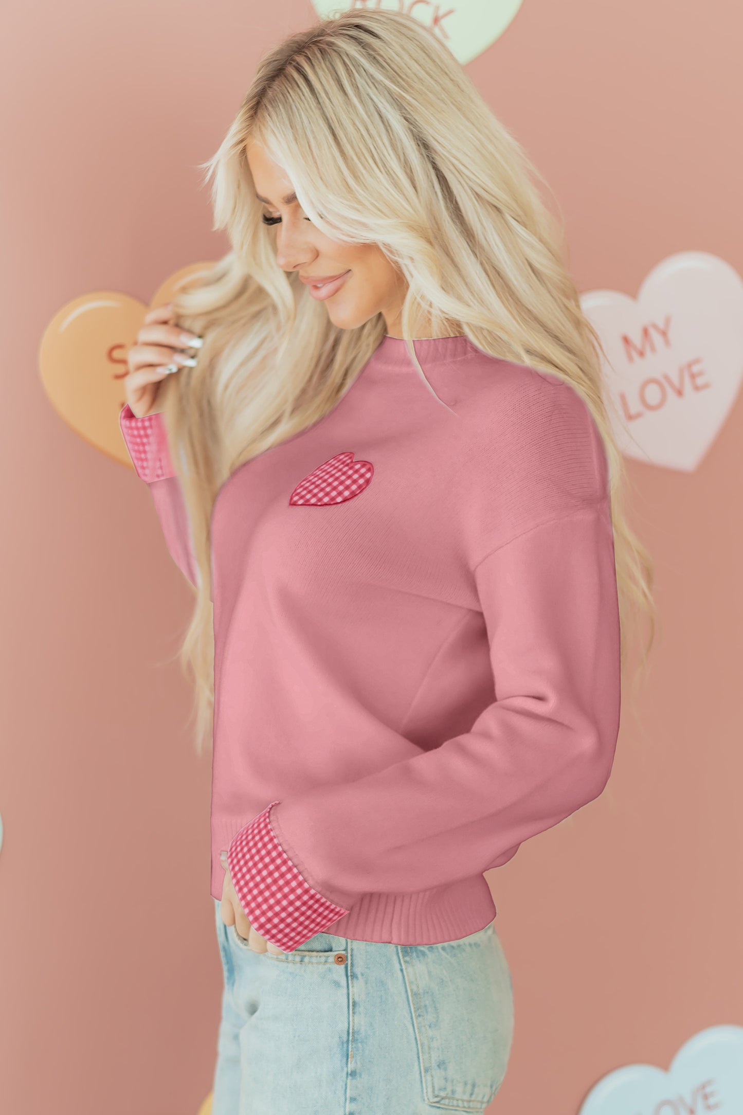 Pink Plaid Heart Embroidered Sweater
