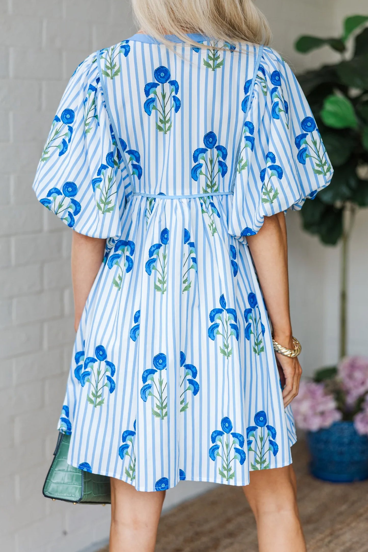 Sky Blue Floral Striped Print Tie Notched Neck Puff Sleeve Flared Mini Dress