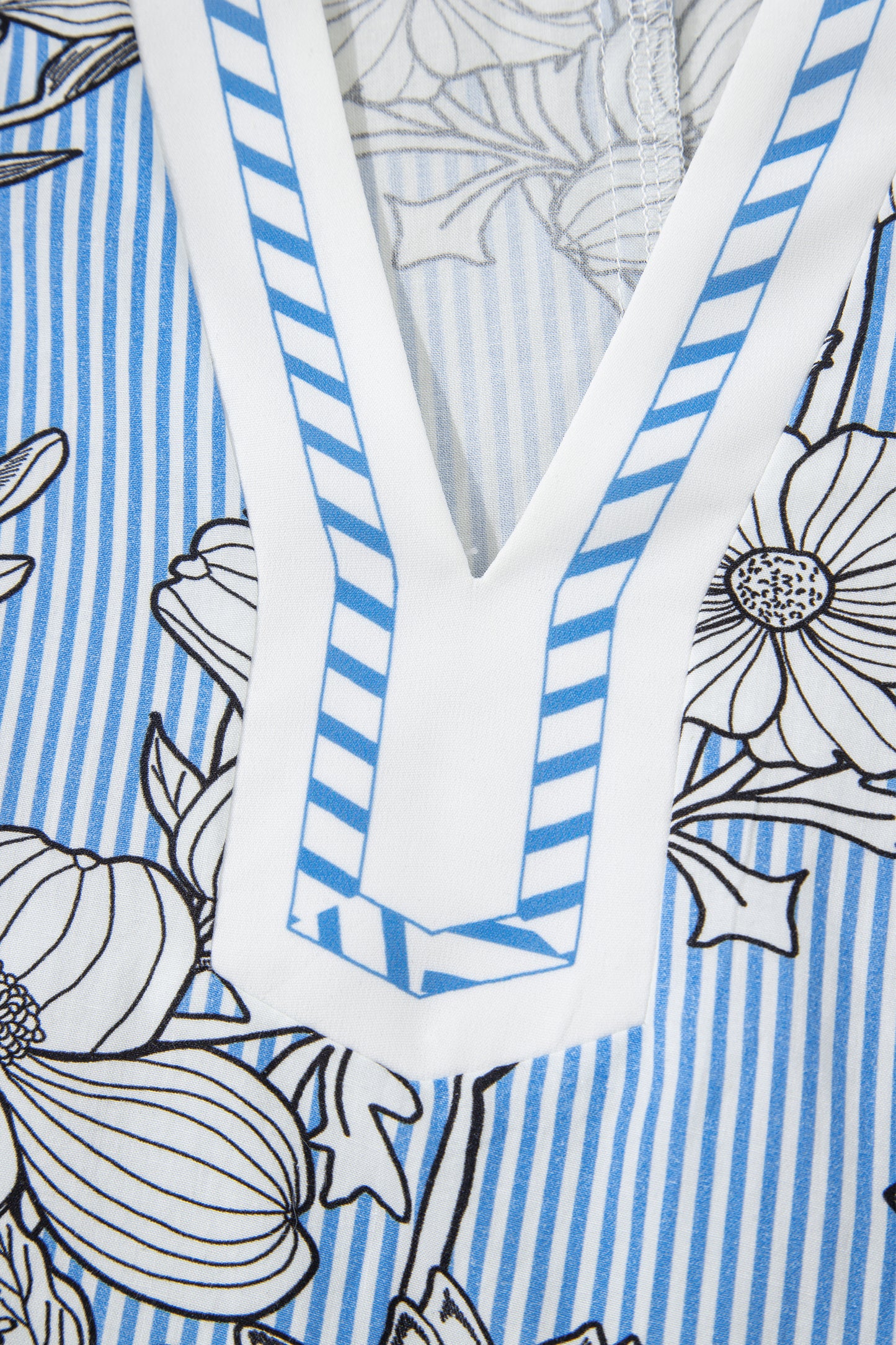 Sky Blue Floral Striped Printed Polo Collar Short Sleeve Blouse