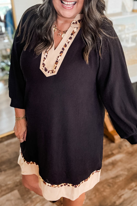 Black Leopard Trim Plus Size Ribbed Dress