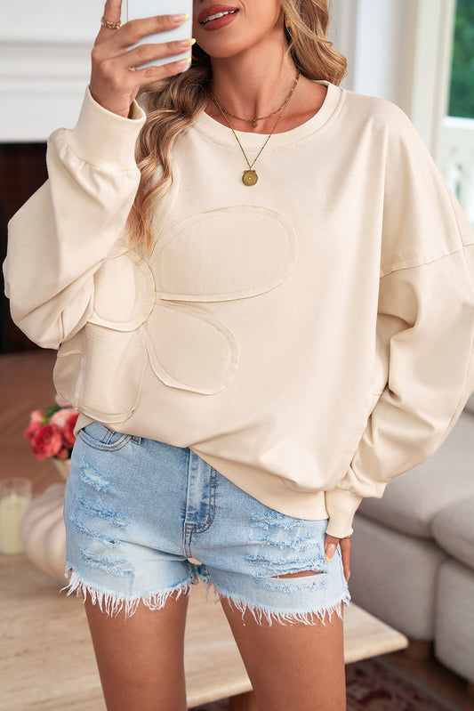 Beige Raw Edge Flower Patch Long Sleeve Top