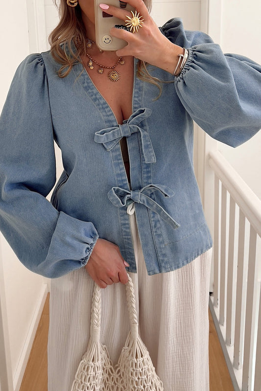 Blue Bow Tie Denim Top