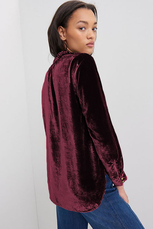 Red Frilled Buttoned Velvet Blouse