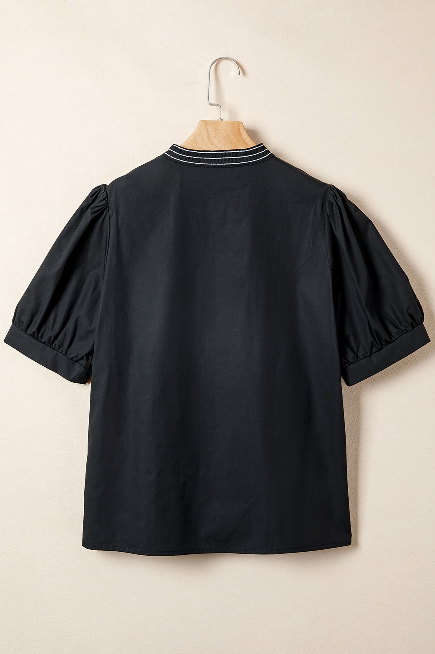 Black Short Puff Sleeve Detail V Neck Blouse