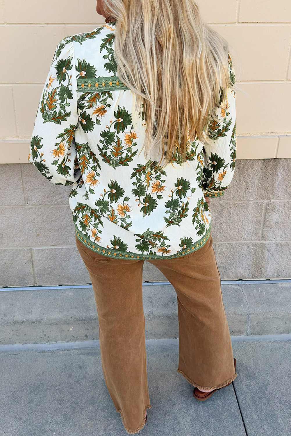 Green Plus Size Floral Print Tassel Tie 3/4 Sleeve Blouse