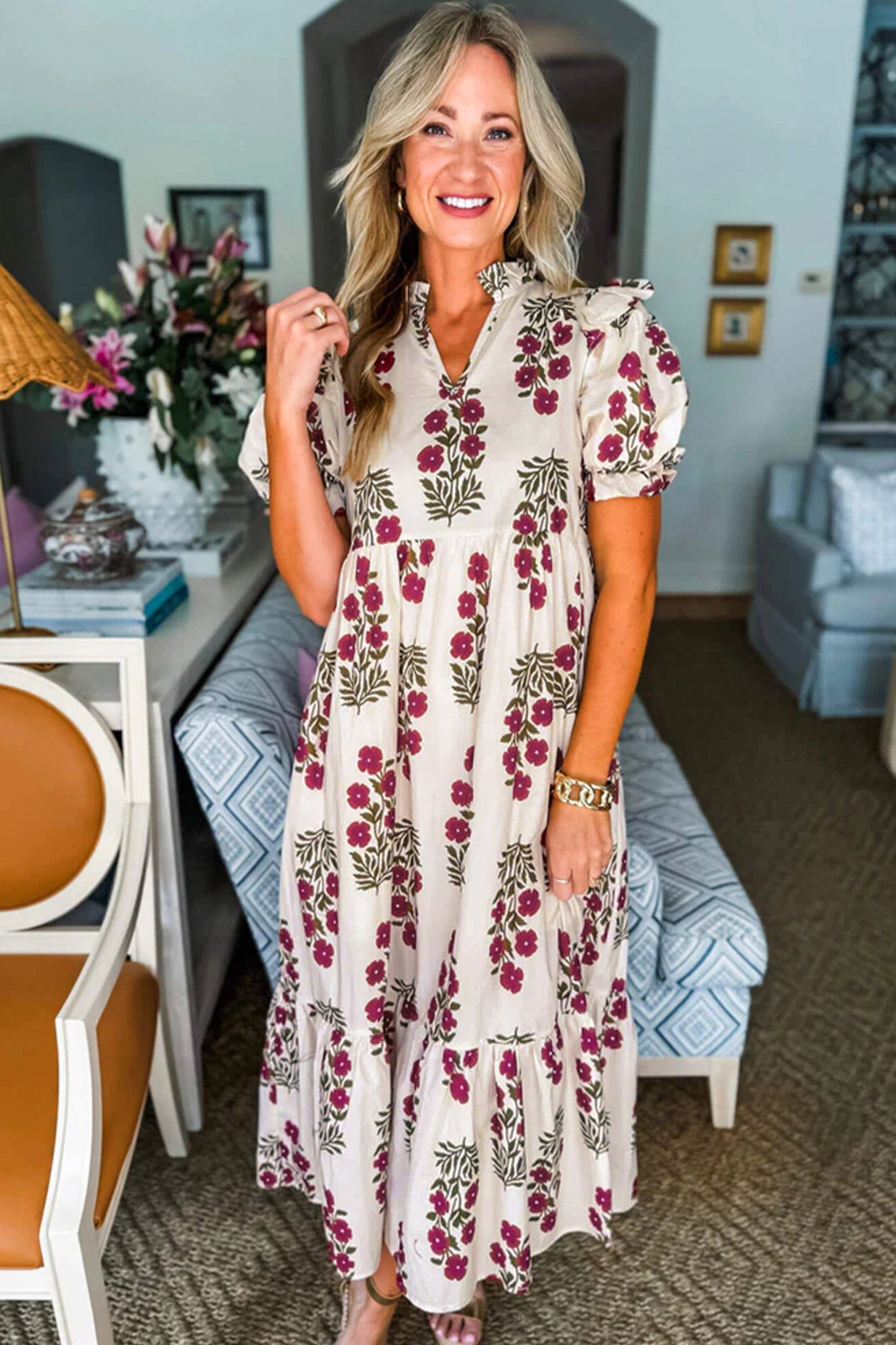 Beige Floral Bubble Sleeve Maxi Dress