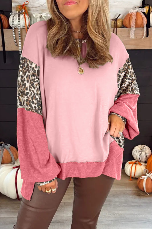 Light Pink Color Block Leopard Dolman Sleeve Baggy Sweatshirt
