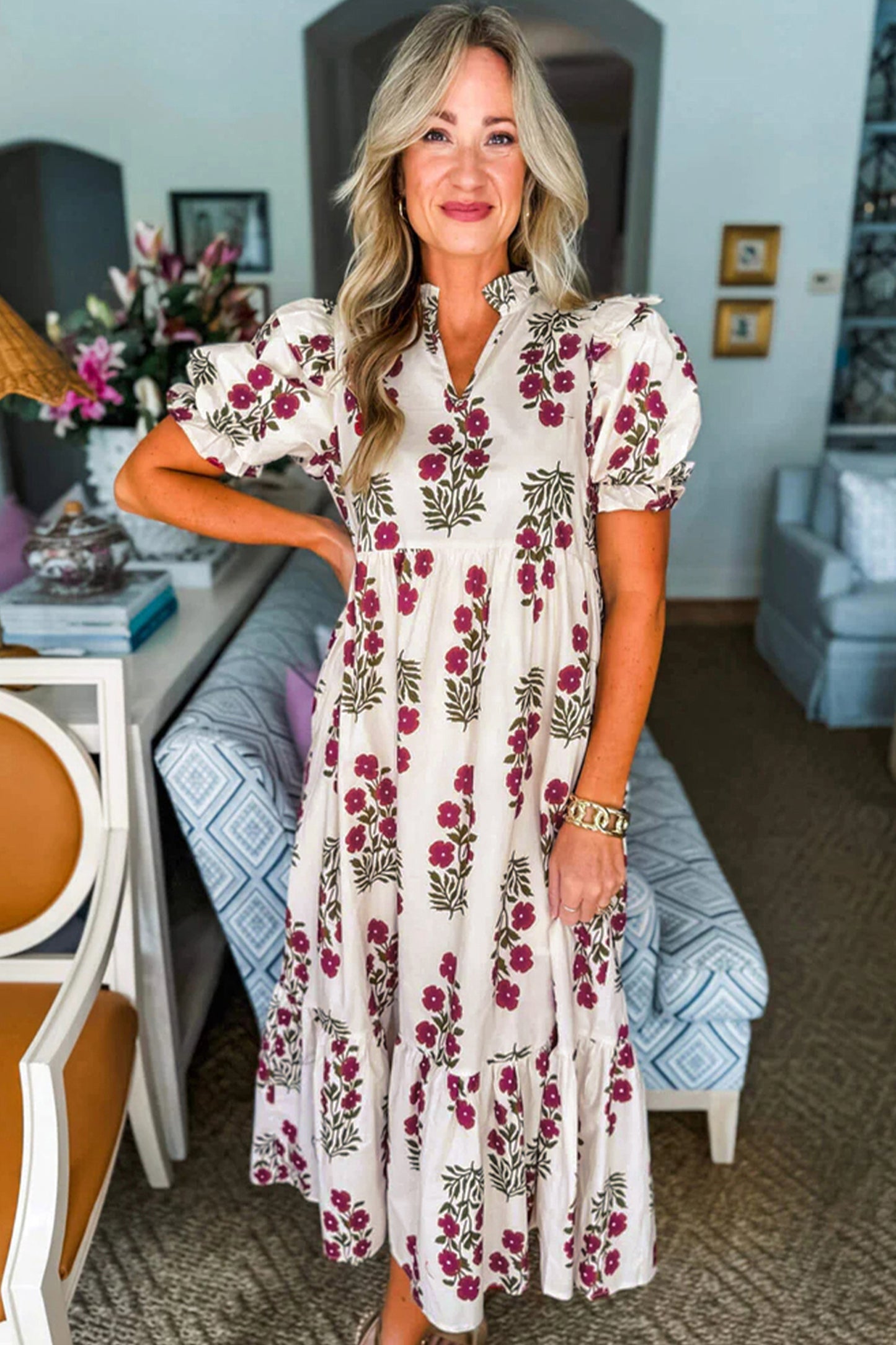 Beige Floral Bubble Sleeve Maxi Dress