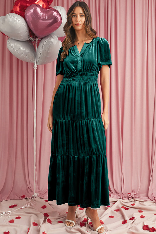 Evergreen Velvet Puff Sleeve Tiered Maxi Dress
