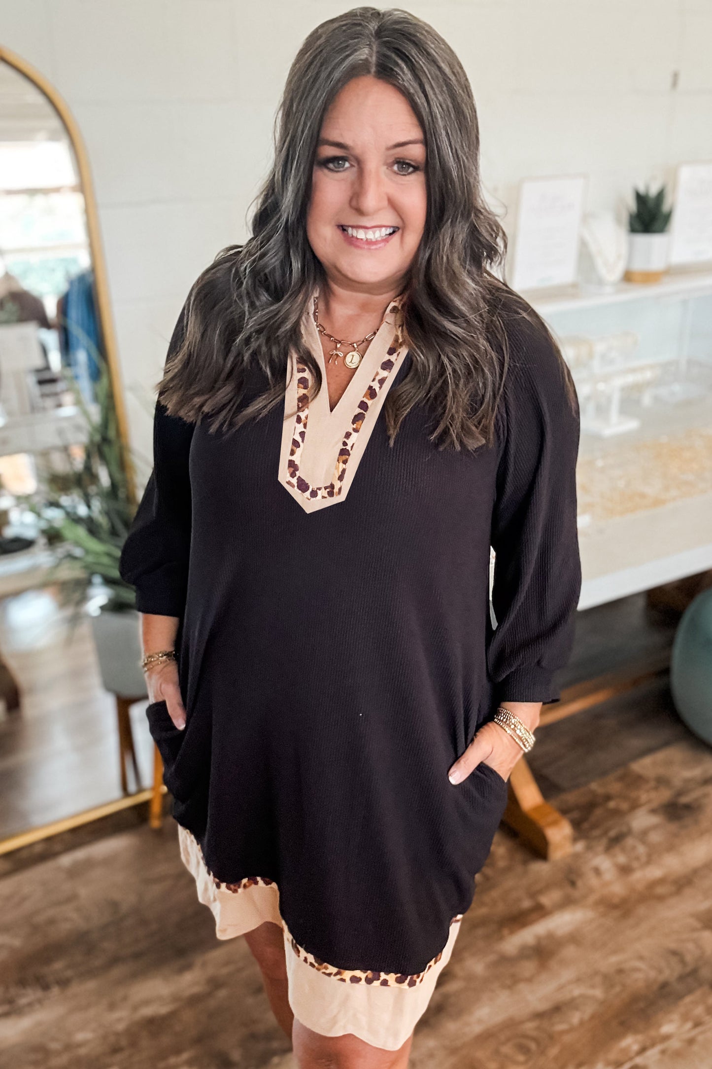 Black Leopard Trim Plus Size Ribbed Dress