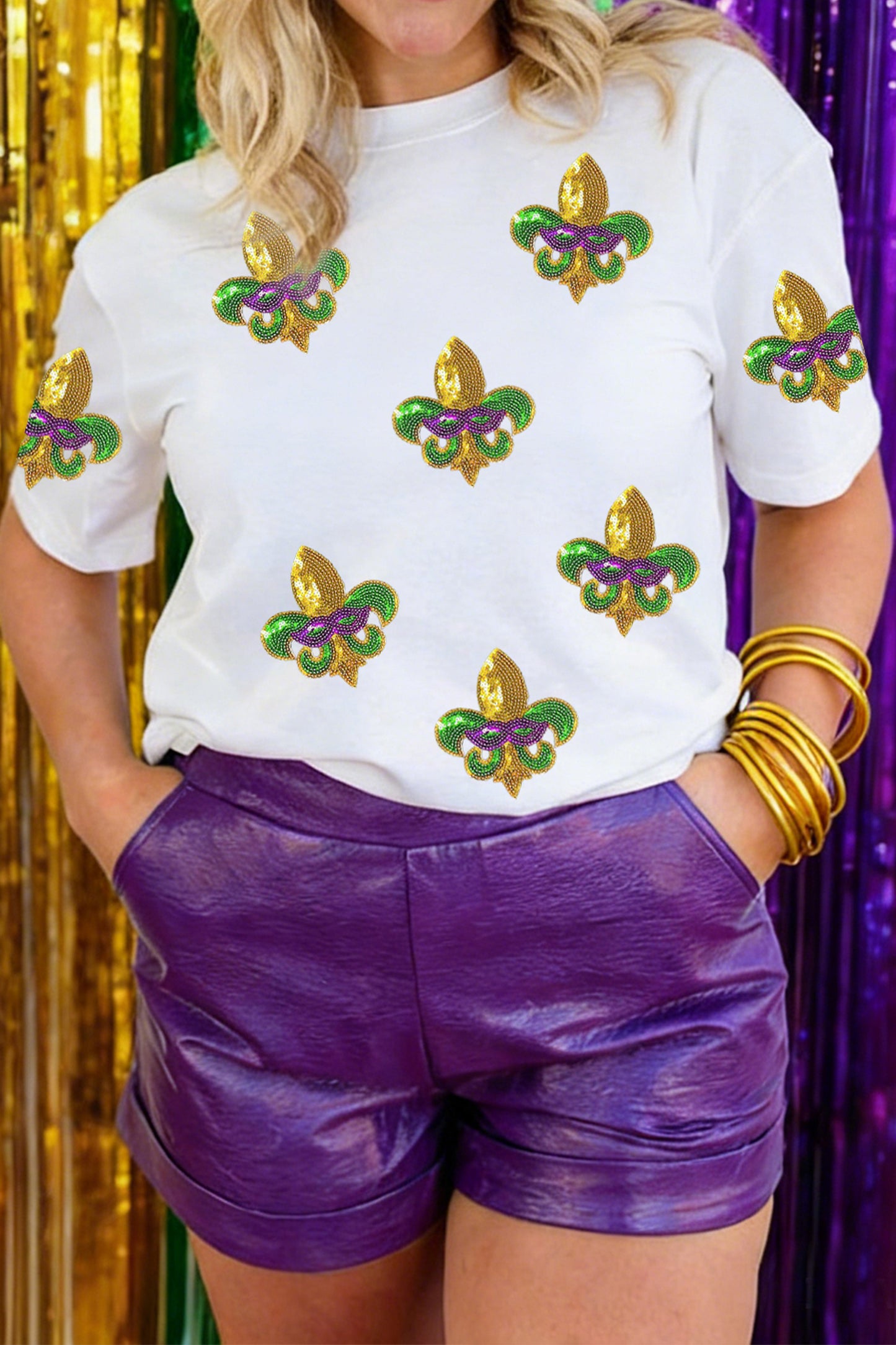 White Mardi Gras Fleur De Lis Patterned T Shirt